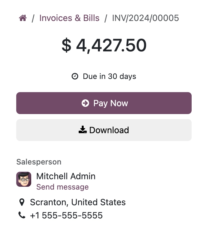 Customer portal with Pay Now button