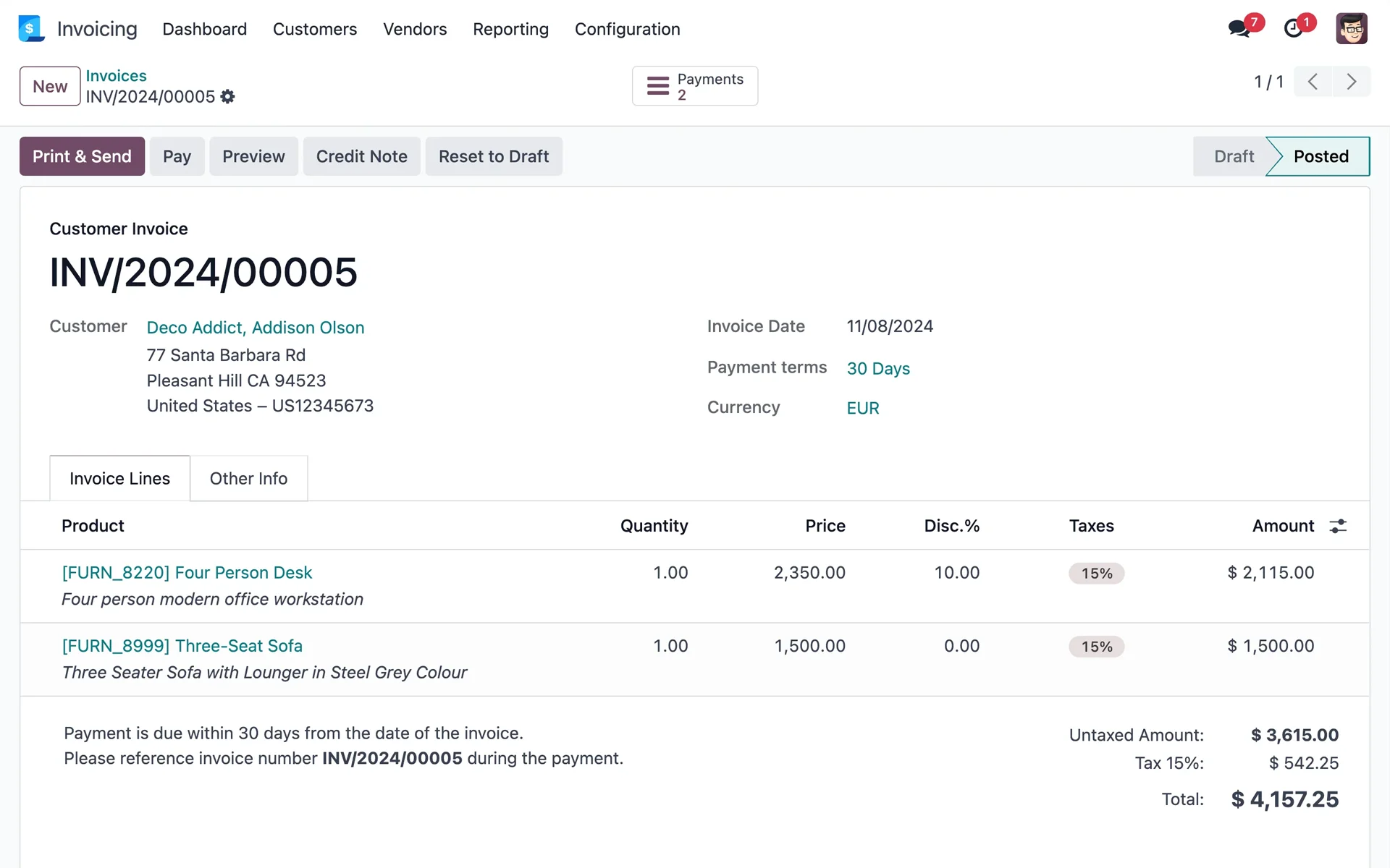 Customer invoice in Odoo Invoicing