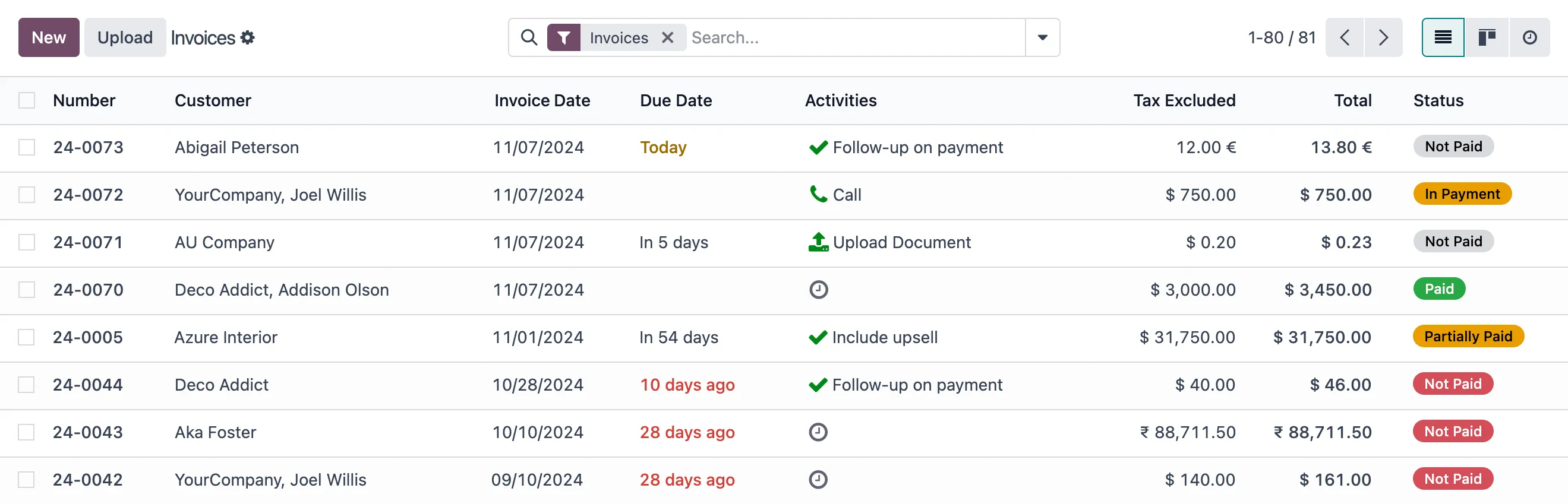 Invoice list with payment status in Odoo