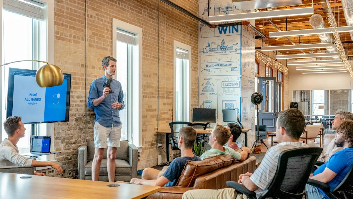 Team reviewing an operating plan in an office presentation