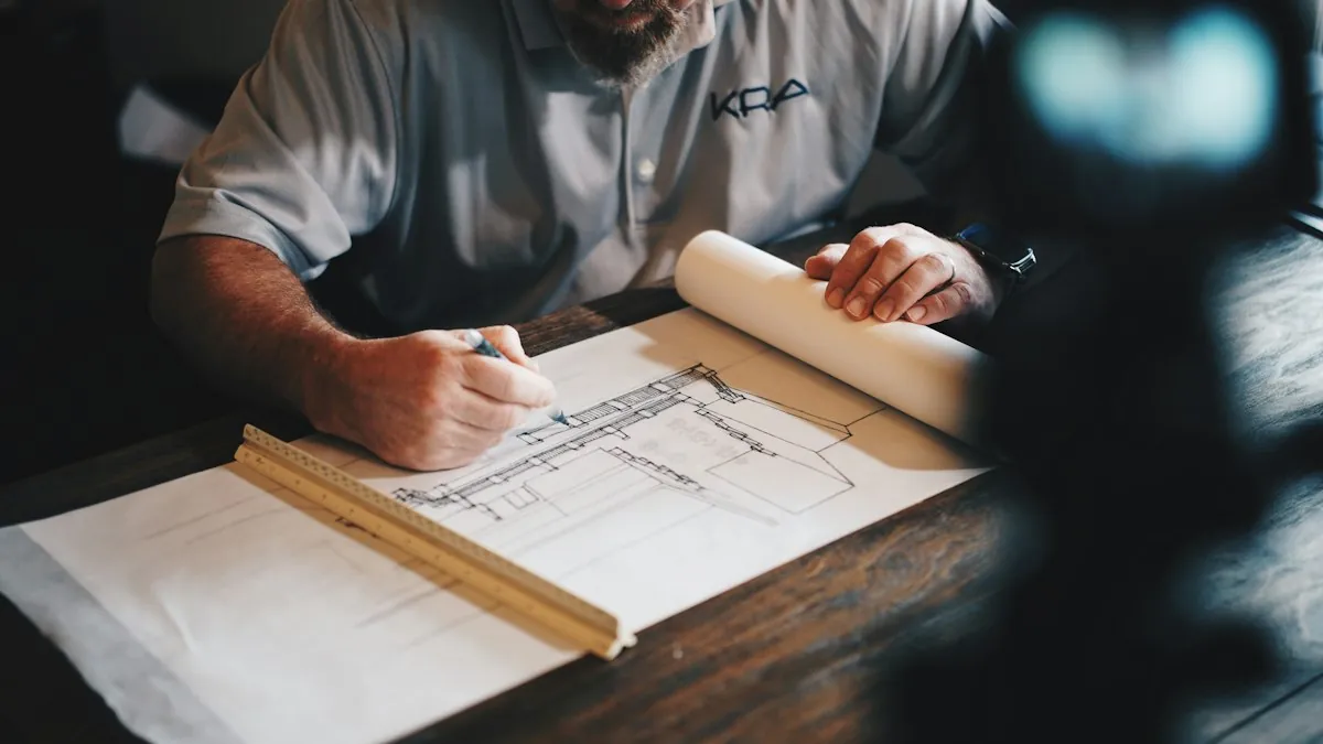 Contractor reviewing construction drawings