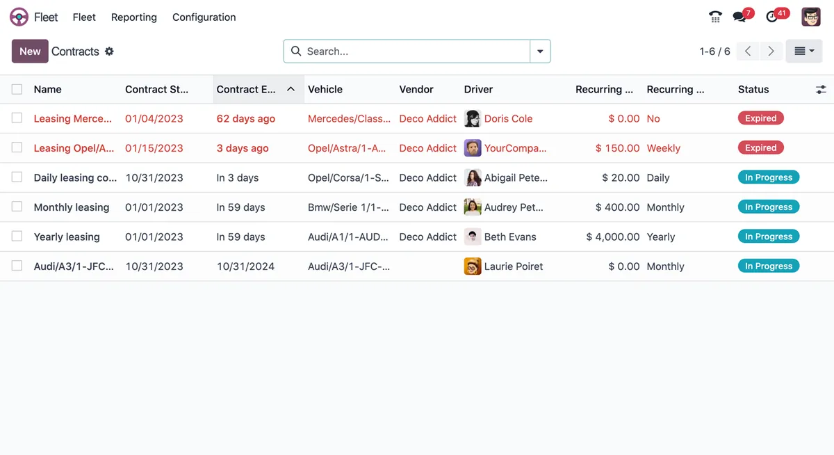 Lista de contratos de vehículos en Odoo Flota