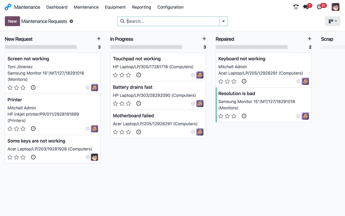 Maintenance requests pipeline in Odoo