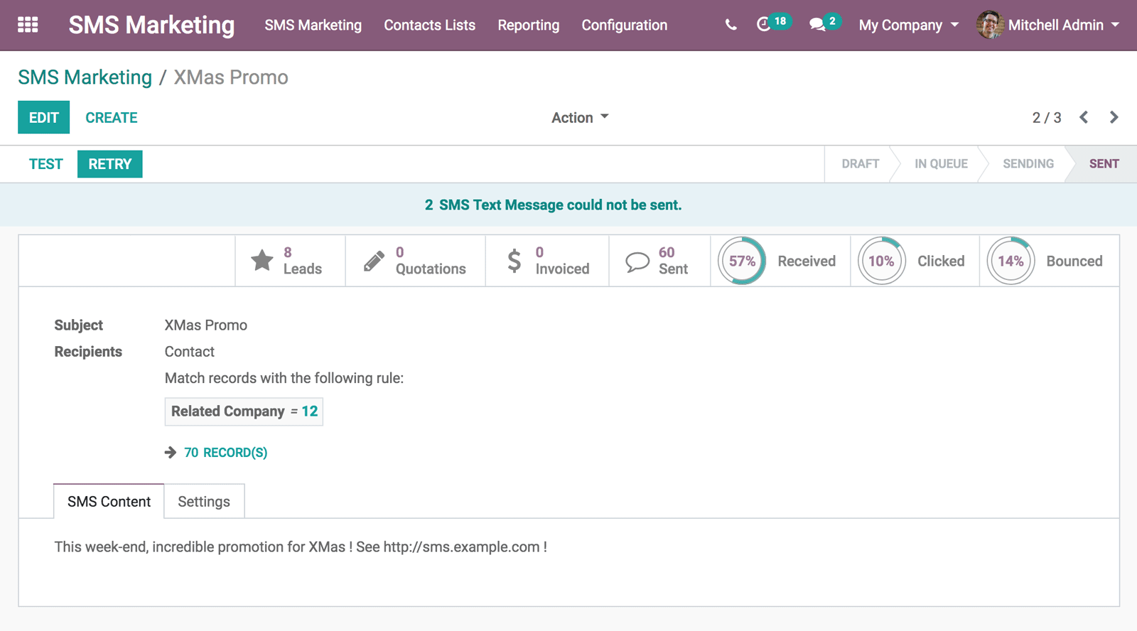 SMS campaign with statistics in Odoo