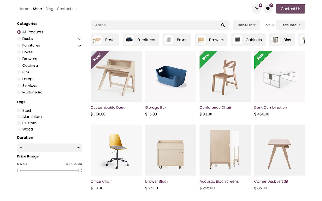 Online shop product grid in Odoo eCommerce