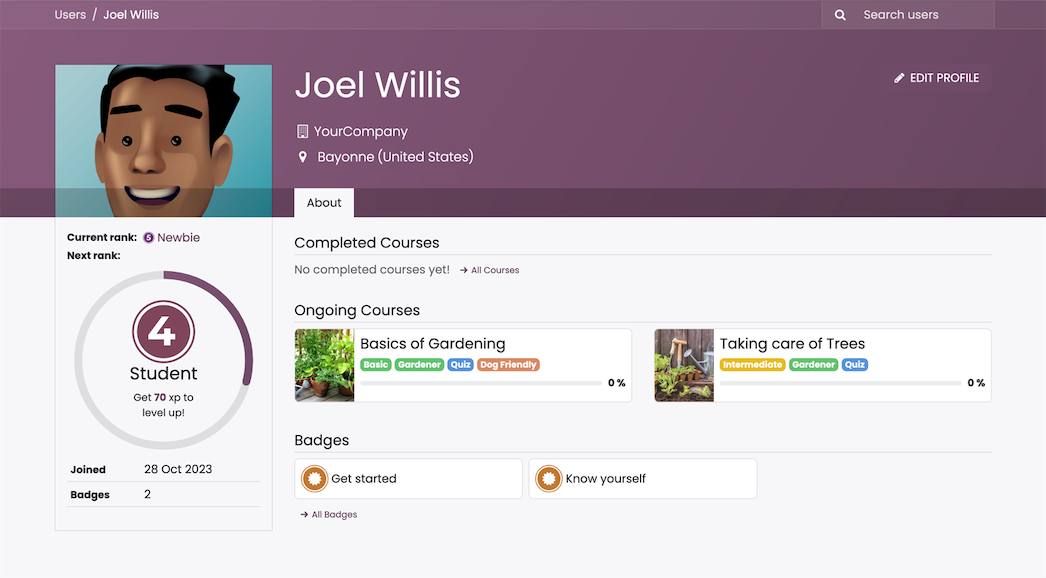 Learner profile with progress and badges