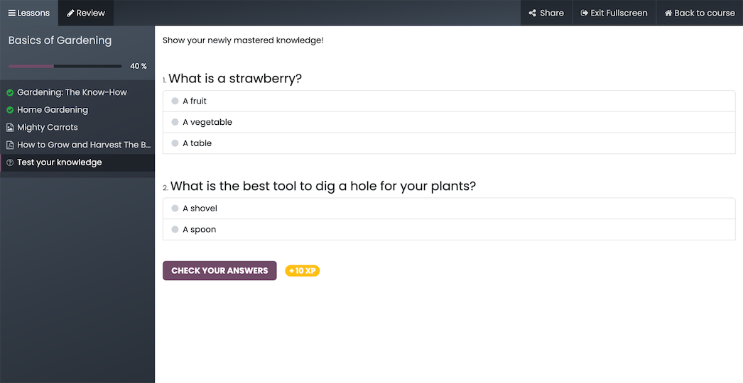 Quiz at the end of a lesson