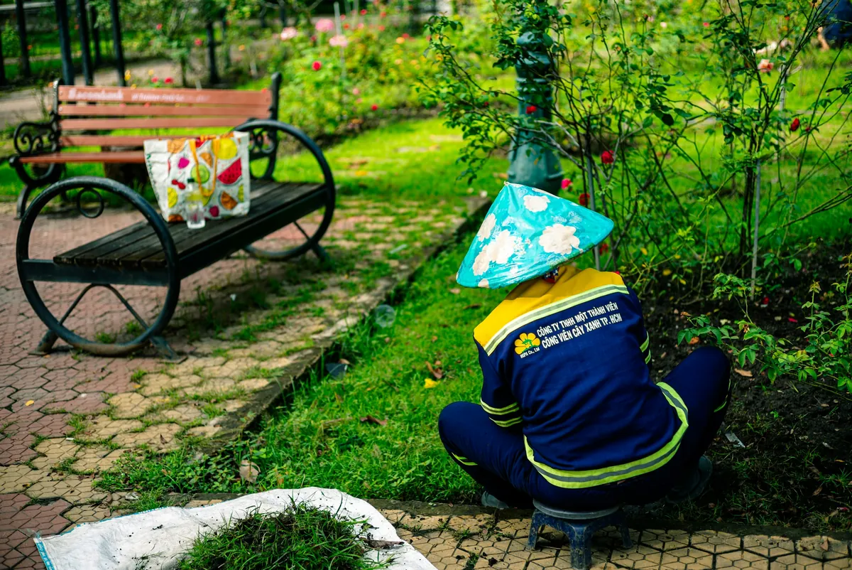 Jardinero cuidando plantas en un parque con paisajismo