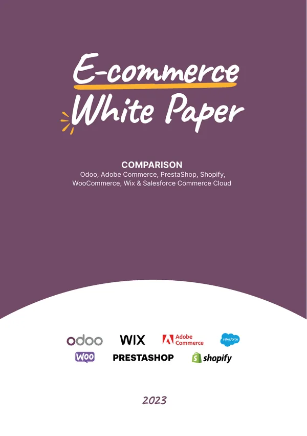 Cover: E-commerce Platform Comparison: Odoo, Adobe Commerce, PrestaShop, Shopify, WooCommerce, Wix and Salesforce Commerce Cloud