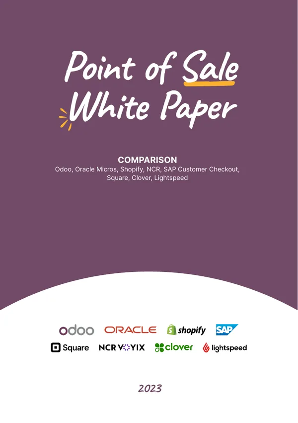 Cover: Point of Sale Comparison: Odoo, Oracle Micros, Shopify POS, NCR, SAP Customer Checkout, Square, Clover and Lightspeed
